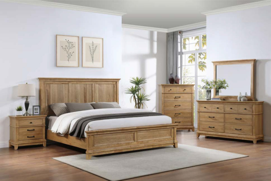 00-3907-4PC 4 pc Sunstone honey oak finish wood rustic paneled headboard queen bed set