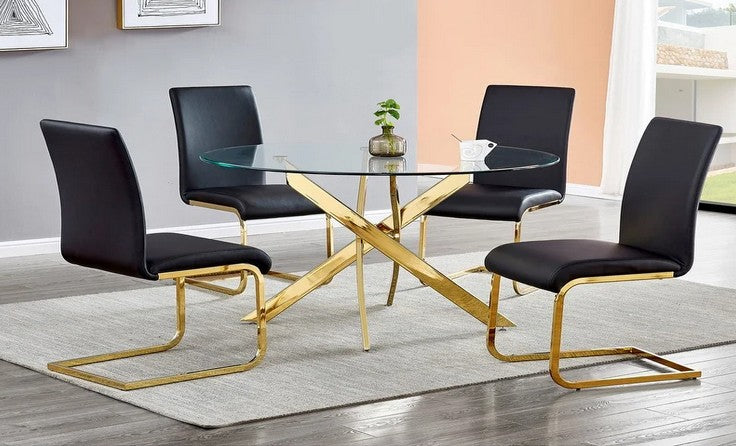 Best master T01GLD-BK-5PC 5 pc 47" round glass and gold finish modern dining table set orren ellis aleshire