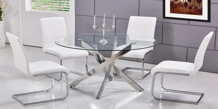 Best master T01SS-WH-5PC 5 pc 47" round glass and stainless steel modern dining table set orren ellis aleshire