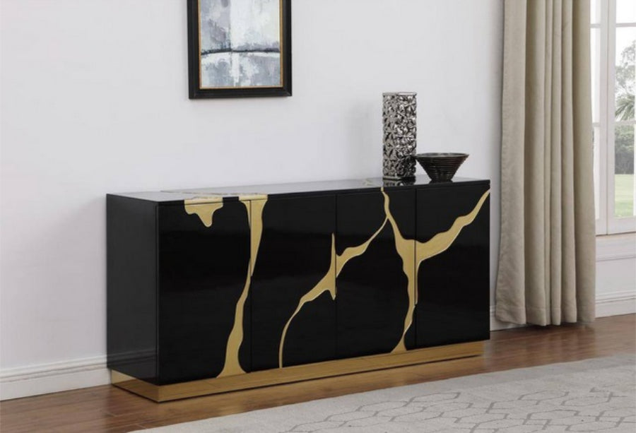 Best Master T1945BK Sanford black with gold high gloss finish wood 66" sideboard server cabinet