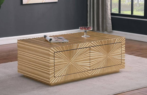 Best Master T2021-CT Everly quinn dickson gold finish wood sunburst pattern coffee table with 2 drawers