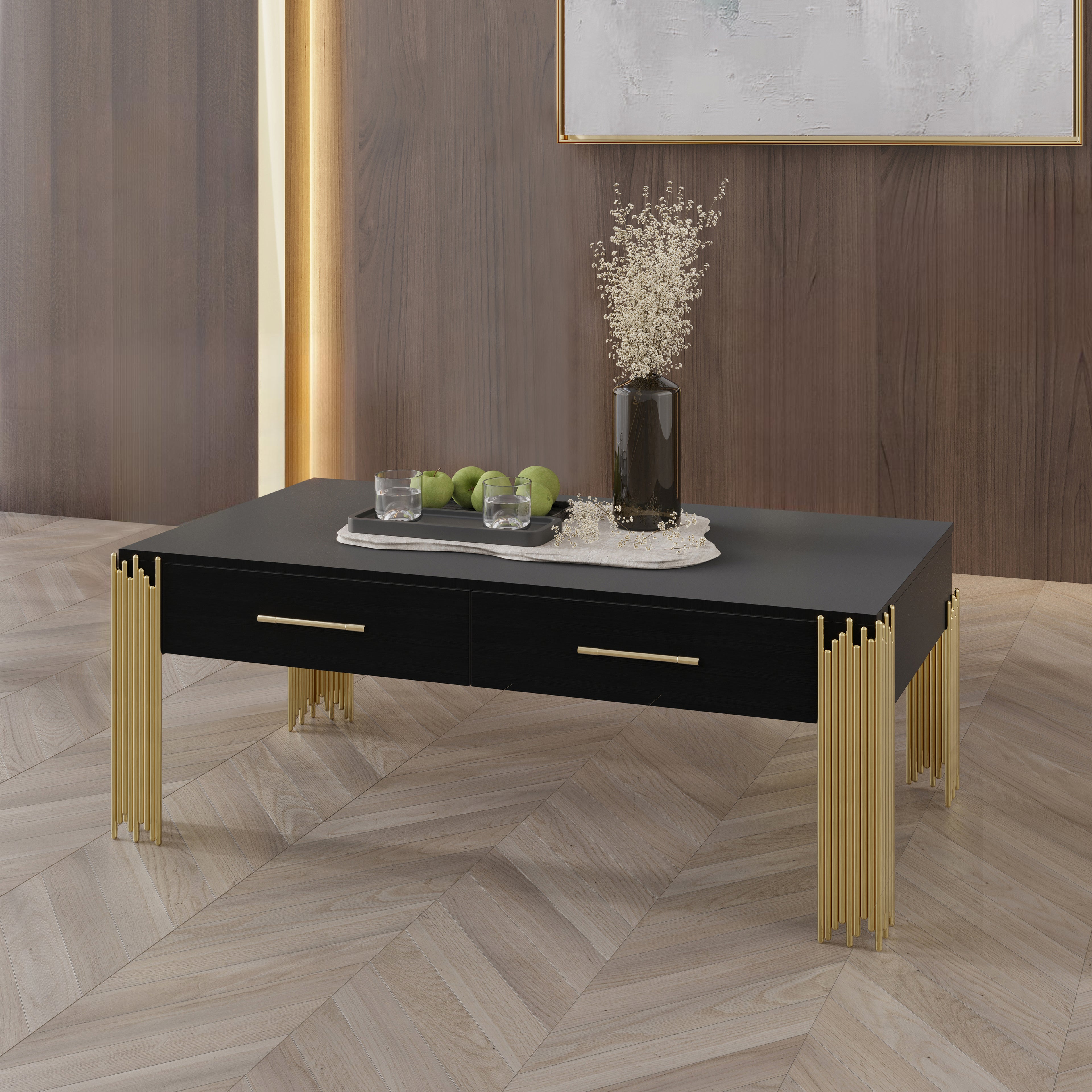T2034-10-BLK Empire black finish wood with gold accent legs coffee table with drawers