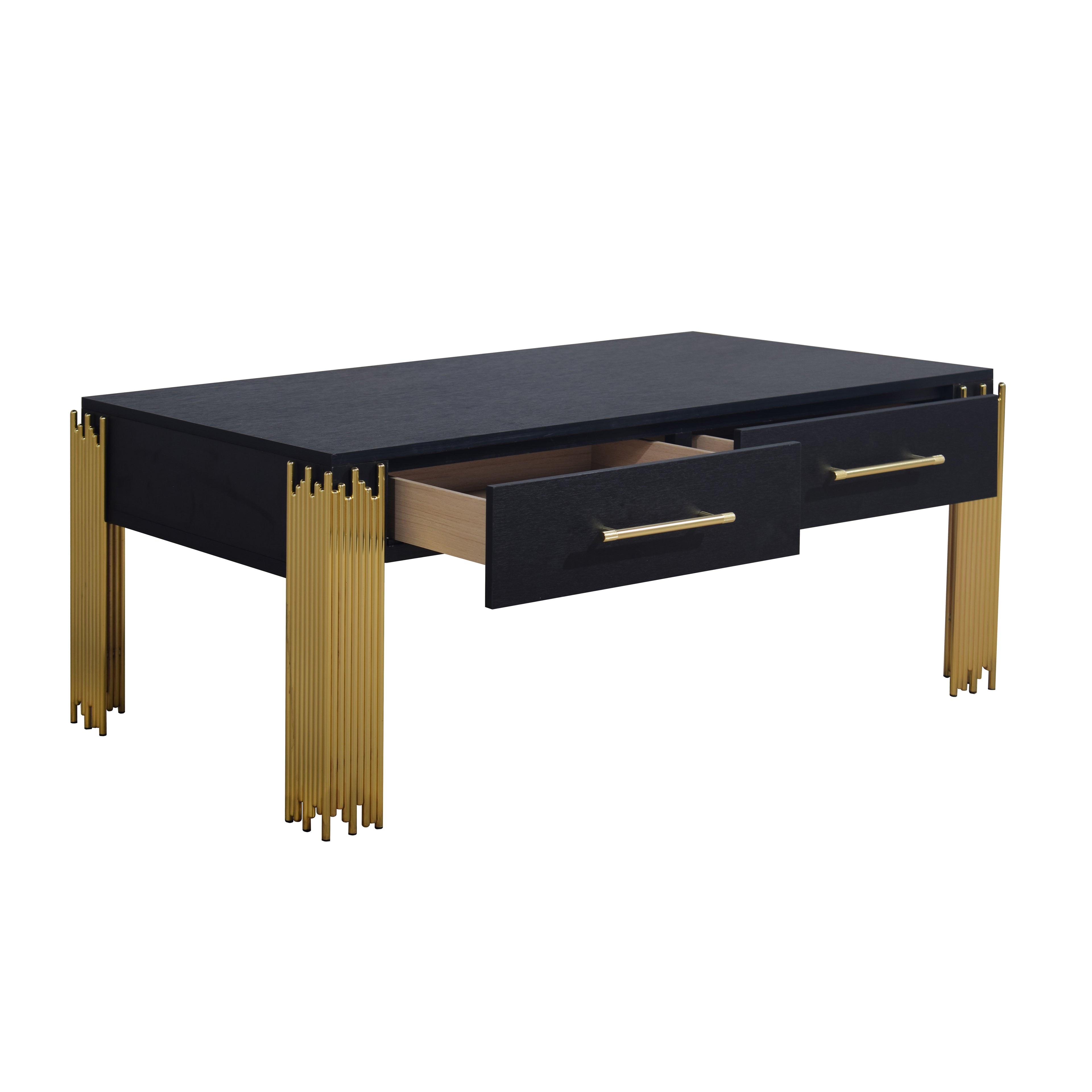 T2034-10-BLK Empire black finish wood with gold accent legs coffee table with drawers