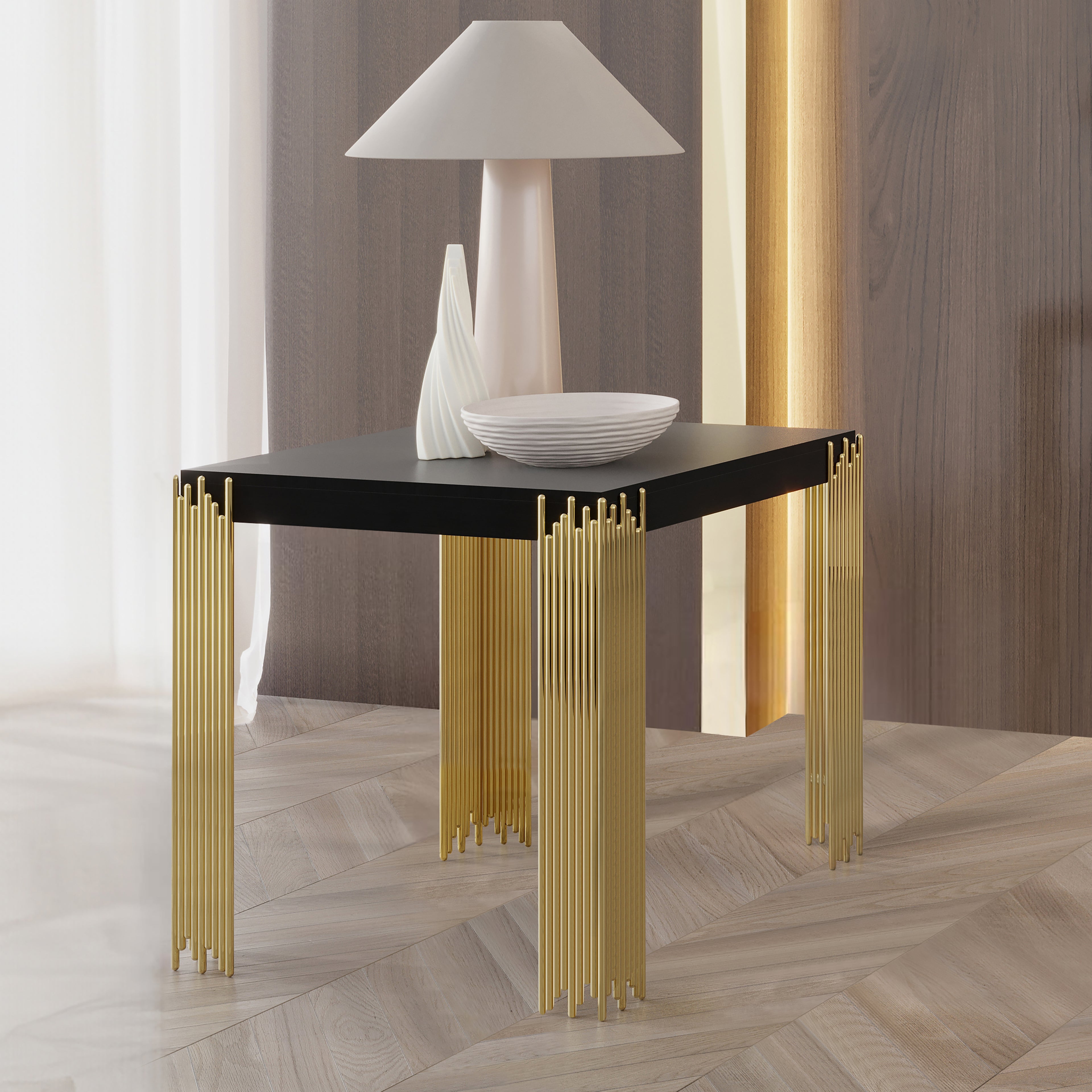 T2034-20-BLK Empire black finish wood with gold accent legs end table