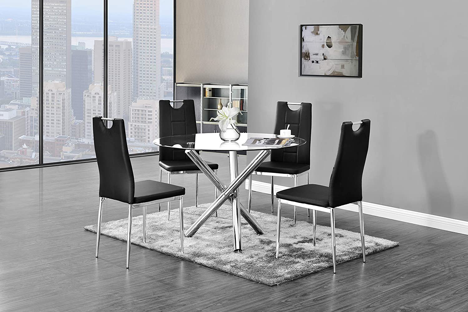 Best master T248-BK-5PC 5 pc 43" round glass and stainless steel finish modern dining table set orren ellis aleshire
