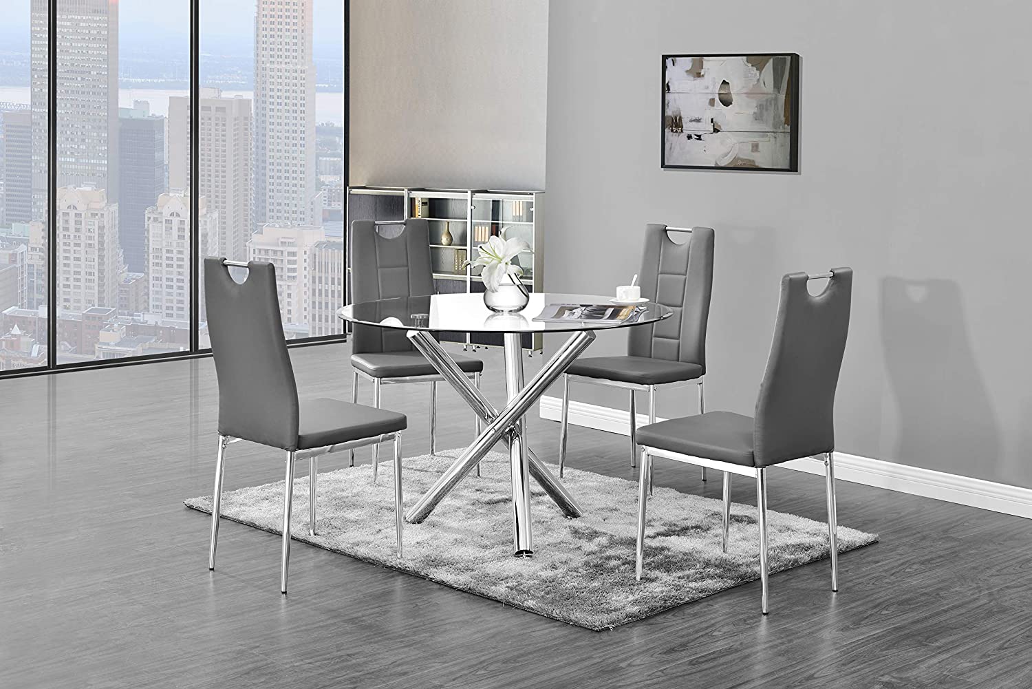 Best master T248-GY-5PC 5 pc 43" round glass and stainless steel finish modern dining table set orren ellis aleshire