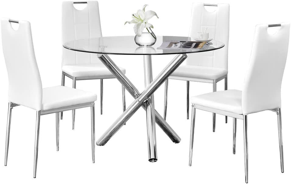 Best master T248-WH-5PC 5 pc 43" round glass and stainless steel finish modern dining table set orren ellis aleshire