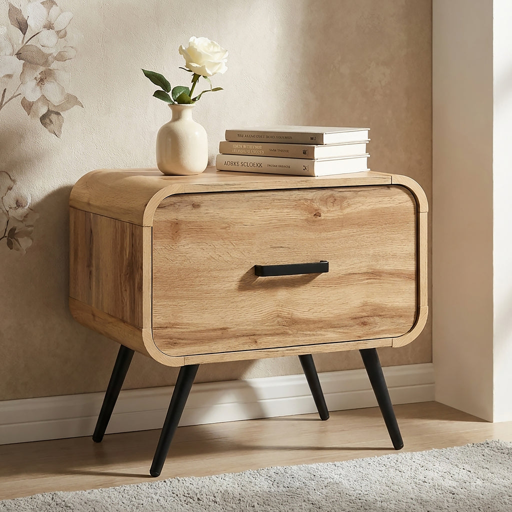 T3562-20  Rowan natural finish wood mid century modern one drawer bedside / end table