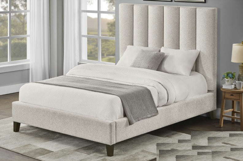 TLR60Q Serenique light beige fabric channel tufted upholstered black wood legs queen platform bed