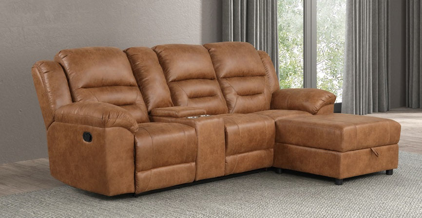TM6028BR 2 pc Septimus saddle brown faux leather double recliner 104" sectional sofa set with storage chaise and cup console