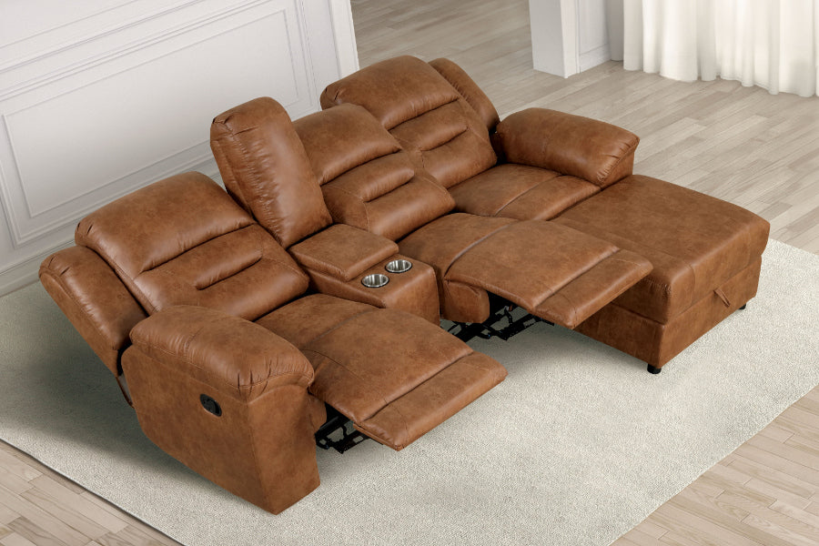 TM6028BR 2 pc Septimus saddle brown faux leather double recliner 104" sectional sofa set with storage chaise and cup console