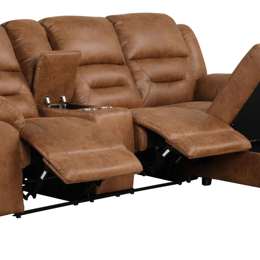 TM6028BR 2 pc Septimus saddle brown faux leather double recliner 104" sectional sofa set with storage chaise and cup console