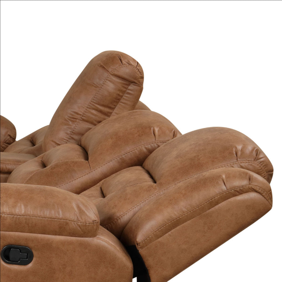TM6028BR 2 pc Septimus saddle brown faux leather double recliner 104" sectional sofa set with storage chaise and cup console