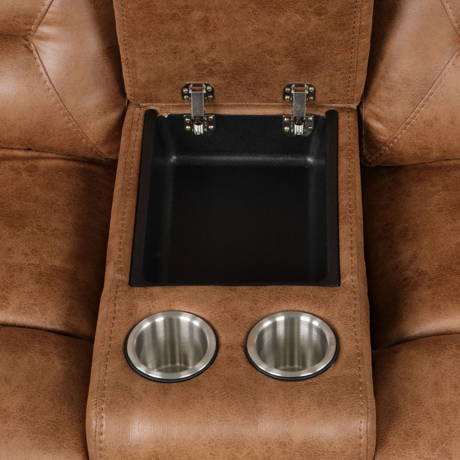 TM6028BR 2 pc Septimus saddle brown faux leather double recliner 104" sectional sofa set with storage chaise and cup console