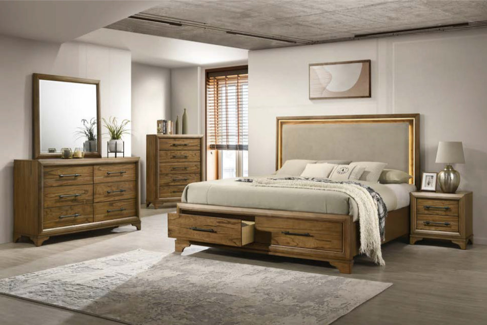 00-1424-4PC 4 pc Talcott honey oak finish wood padded headboard LED lighted accents queen bed set footboard drawers