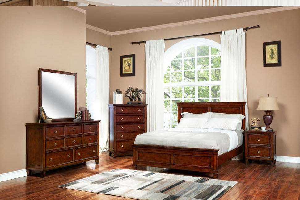 00-044C-4PC 4 pc Tamarack cherry finish wood paneled headboard accents queen bed set