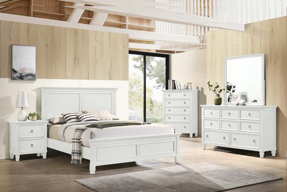 00-044W-4PC 4 pc Tamarack white finish wood paneled headboard accents queen bed set