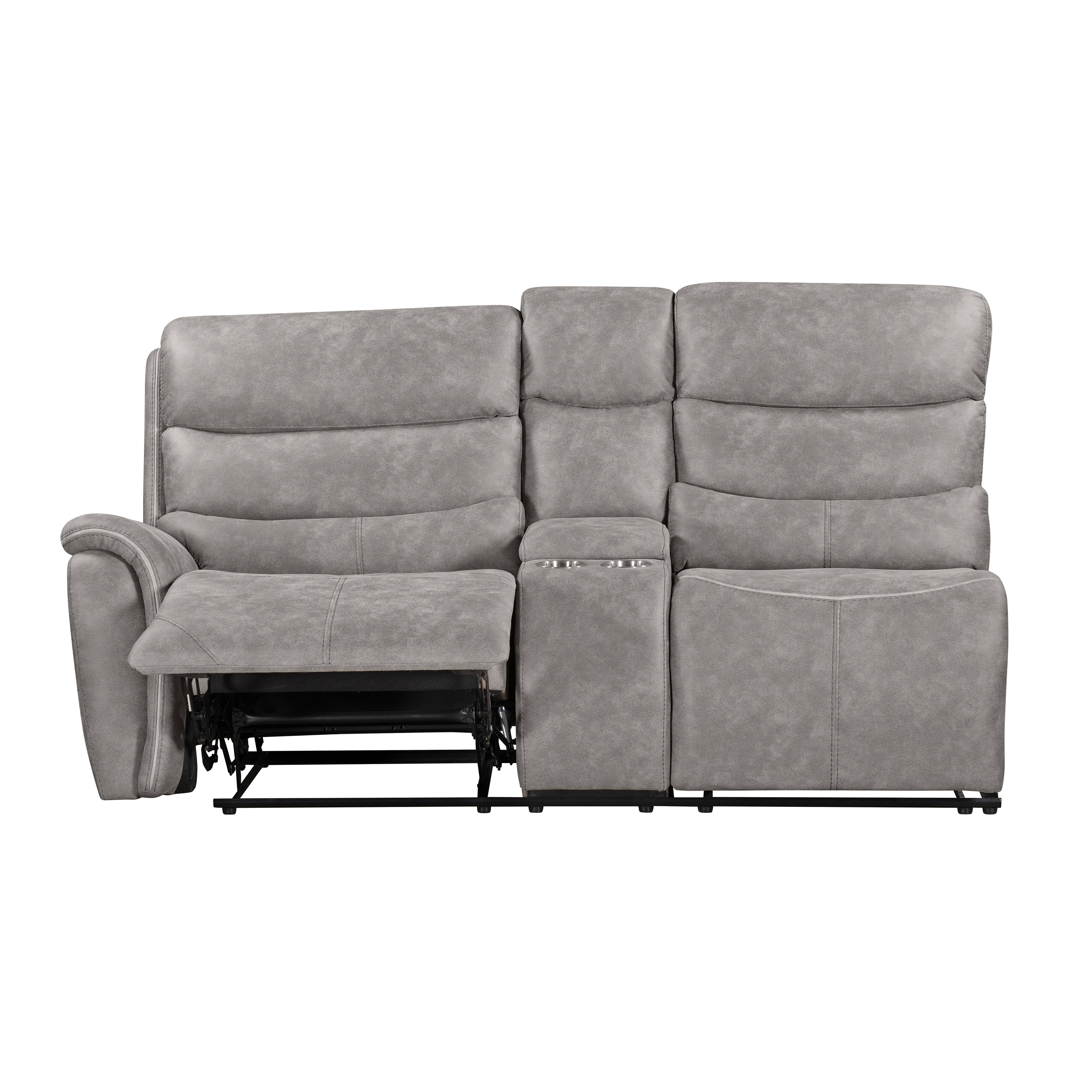 Kamari-PW-Sect 3 pc Kamari dappled grey fabric sectional sofa set with power motion recliner ends and cup console with storage