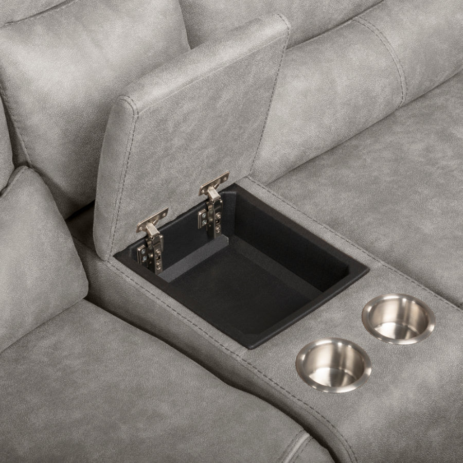 Kamari-PW-Sect 3 pc Kamari dappled grey fabric sectional sofa set with power motion recliner ends and cup console with storage