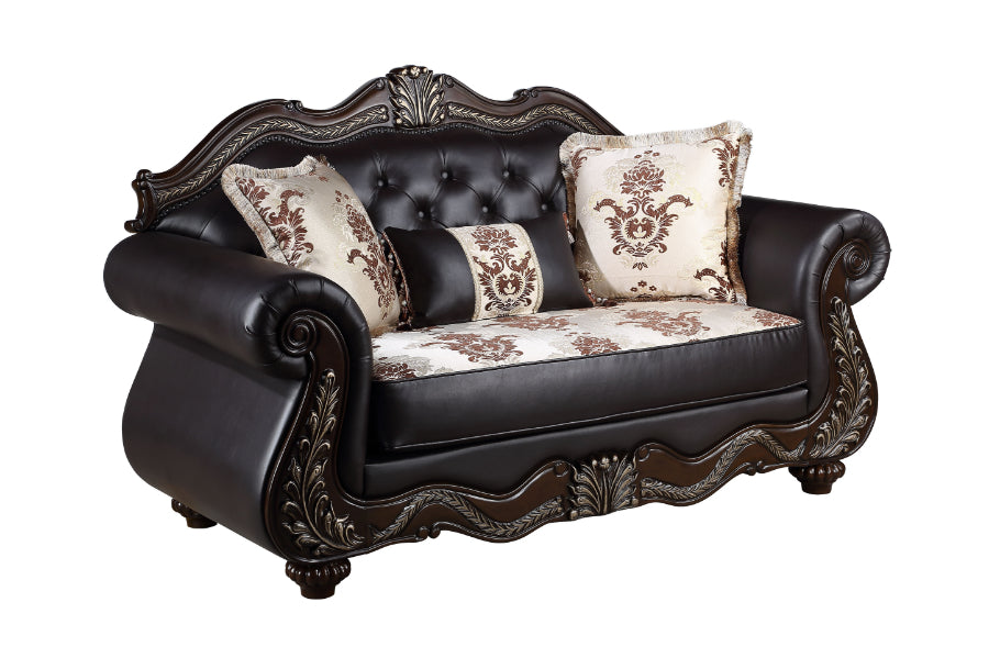 U1754-2PC 2 pc Royal classics Maximus brown faux leather rococo style traditional sofa and love seat set carved accents