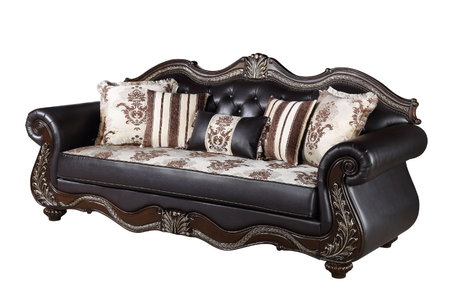 U1754-2PC 2 pc Royal classics Maximus brown faux leather rococo style traditional sofa and love seat set carved accents