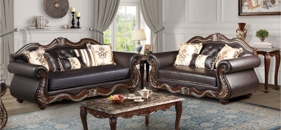 U1754-2PC 2 pc Royal classics Maximus brown faux leather rococo style traditional sofa and love seat set carved accents