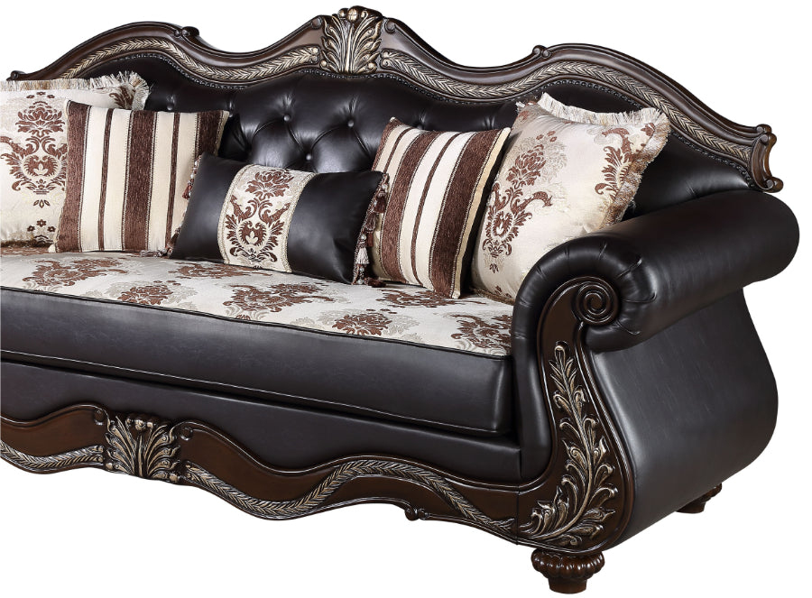 U1754-2PC 2 pc Royal classics Maximus brown faux leather rococo style traditional sofa and love seat set carved accents