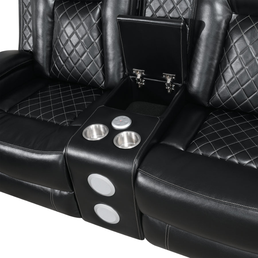 OrionBK-SL 2 pc Orion black faux leather sofa and love seat with recliner ends USB charging and drop down table on sofa