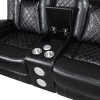 OrionBK-SL 2 pc Orion black faux leather sofa and love seat with recliner ends USB charging and drop down table on sofa