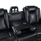 OrionBK-Sect 3 pc Orion black faux leather sectional sofa set with recliner ends USB charging and drop down table