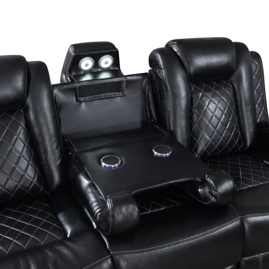 OrionBK-SL 2 pc Orion black faux leather sofa and love seat with recliner ends USB charging and drop down table on sofa