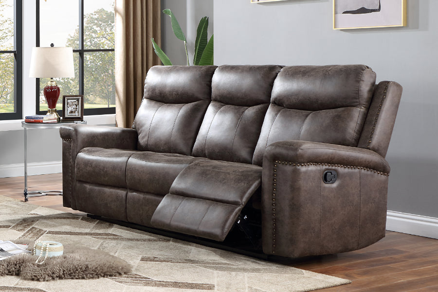 Quade-SL 2 pc Quade mocha leather like fabric sofa and love seat with recliner ends storage cup console