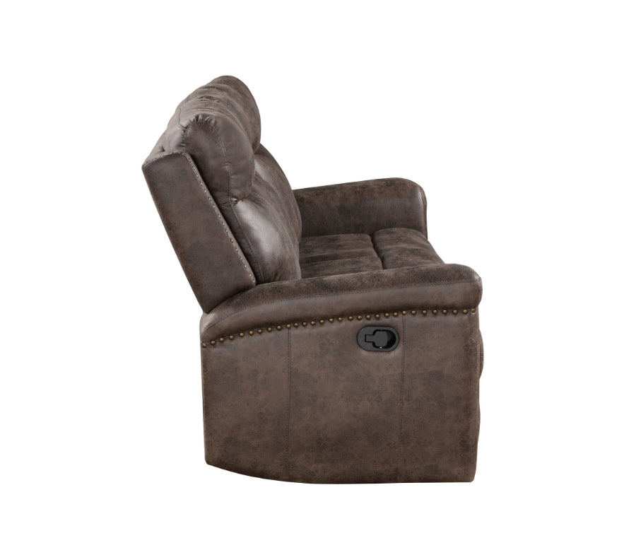 Quade-SL 2 pc Quade mocha leather like fabric sofa and love seat with recliner ends storage cup console