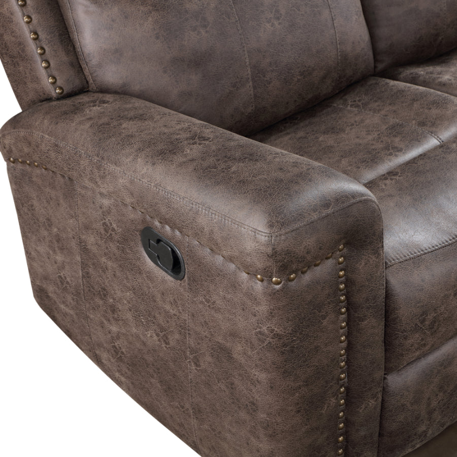 Quade-SL 2 pc Quade mocha leather like fabric sofa and love seat with recliner ends storage cup console
