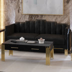 23-2034-2PC 2 pc Empire black velvet fabric blue LED accents sofa and love seat set gold accents