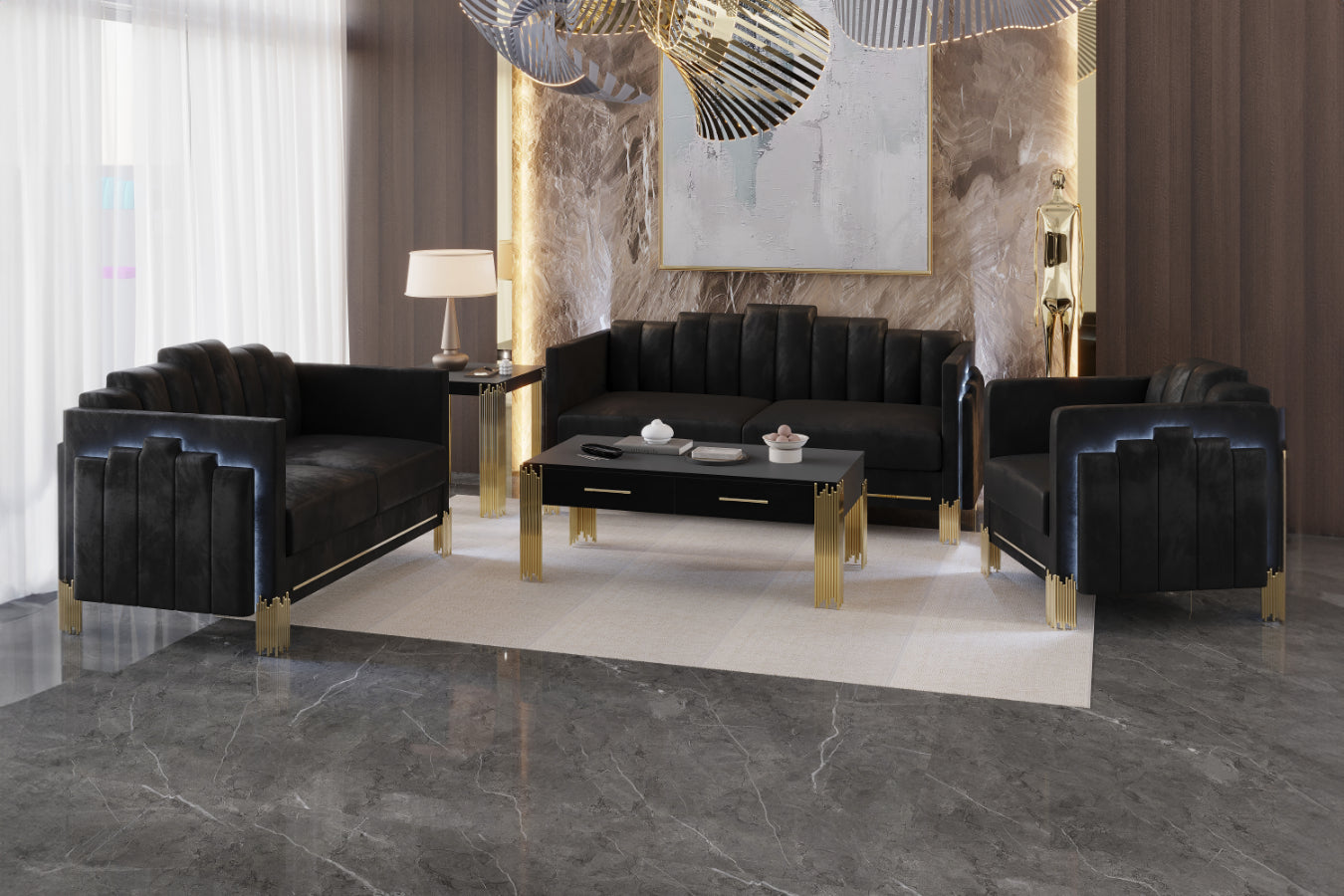 23-2034-2PC 2 pc Empire black velvet fabric blue LED accents sofa and love seat set gold accents