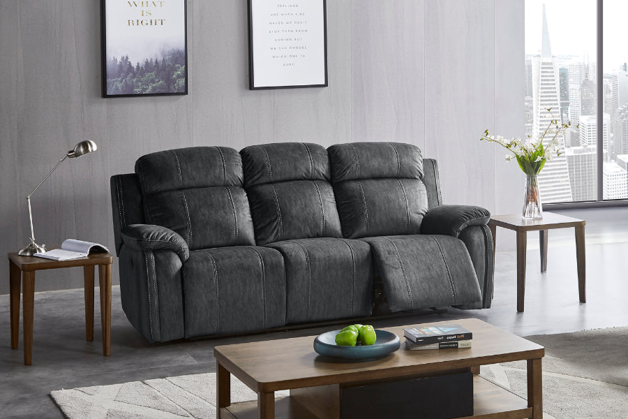 Tango-PW-SL 2 pc Tango shadow grey fabric sofa and love seat with power motions recliner ends storage cup console