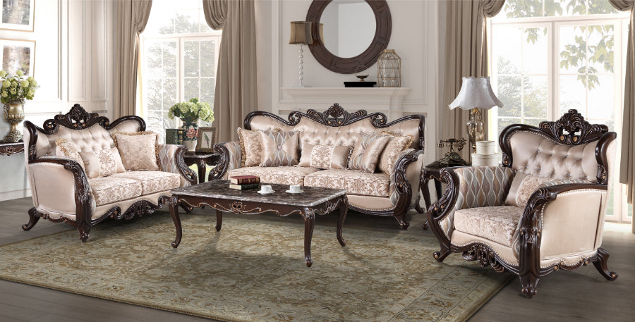 U532T-2PC 2 pc Royal classics Constantine cherry finish wood traditional style sofa and love seat set carved accents 18th century