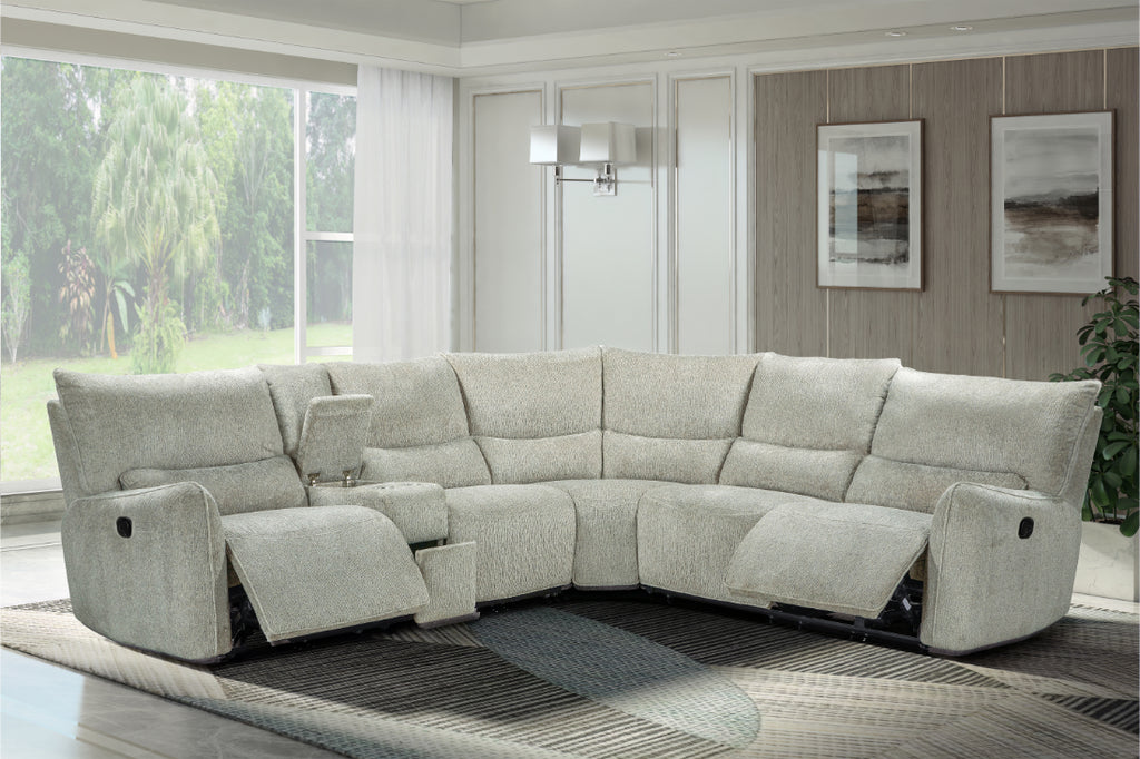 Remsen-Sect 3 pc Remsen grey and beige fabric sectional sofa set with recliner ends and cup console with storage