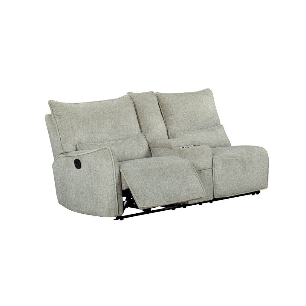 Remsen-Sect 3 pc Remsen grey and beige fabric sectional sofa set with recliner ends and cup console with storage