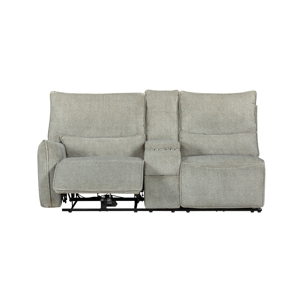 Remsen-PW-Sect 3 pc Remsen grey and beige fabric sectional sofa set with power motion recliner ends and cup console with storage