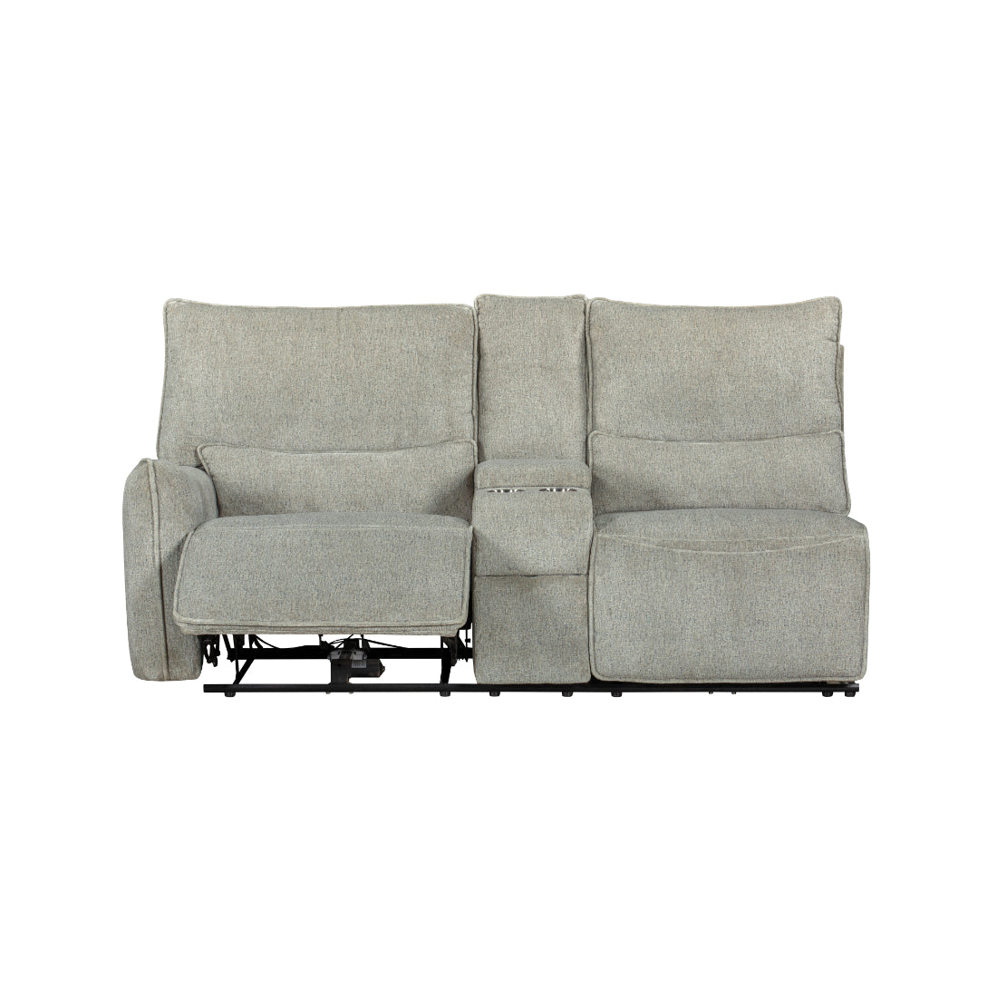 Remsen-PW-Sect 3 pc Remsen grey and beige fabric sectional sofa set with power motion recliner ends and cup console with storage