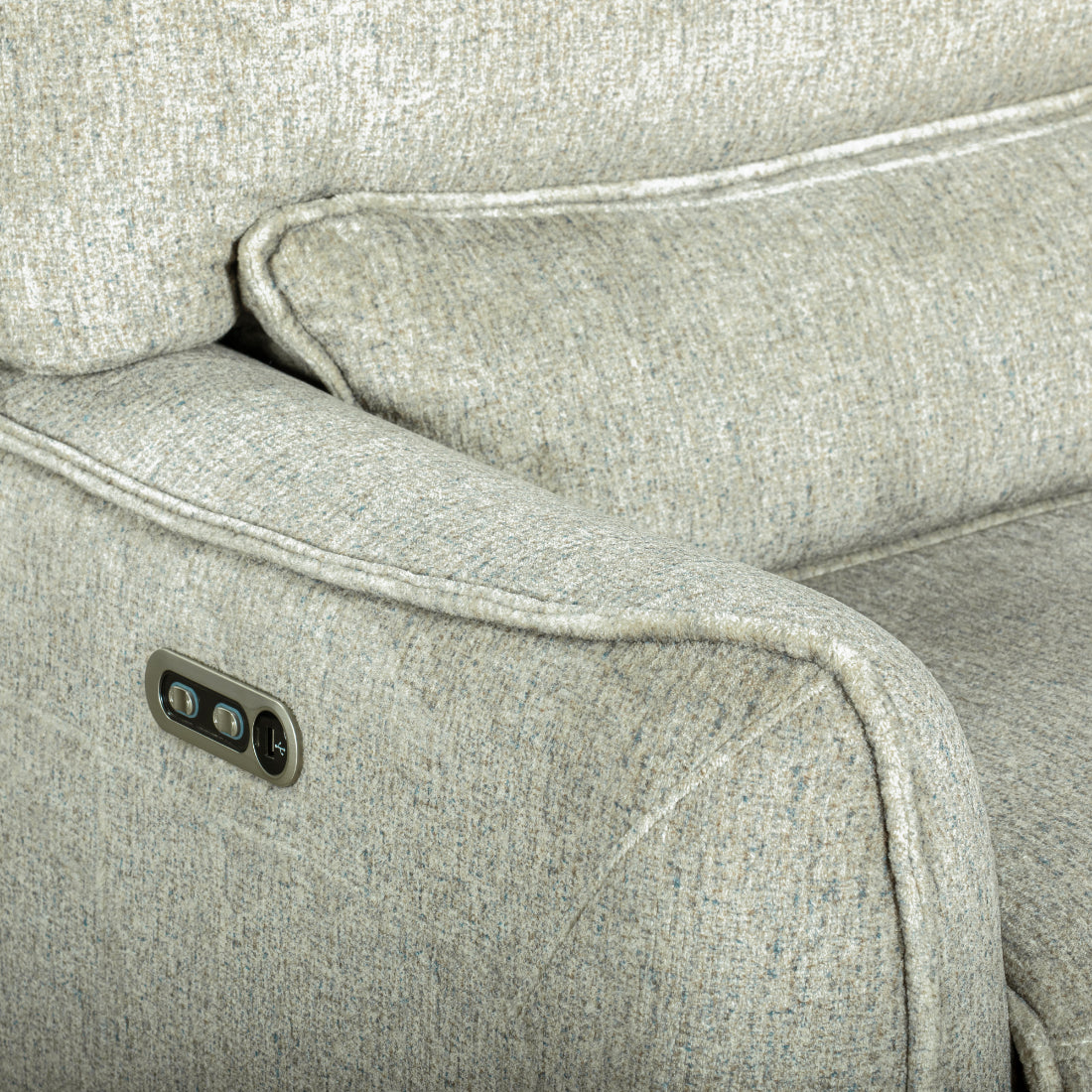 Remsen-PW-Sect 3 pc Remsen grey and beige fabric sectional sofa set with power motion recliner ends and cup console with storage