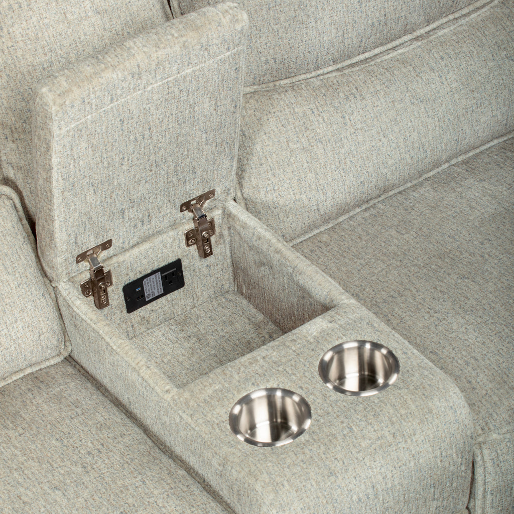 Remsen-PW-Sect 3 pc Remsen grey and beige fabric sectional sofa set with power motion recliner ends and cup console with storage