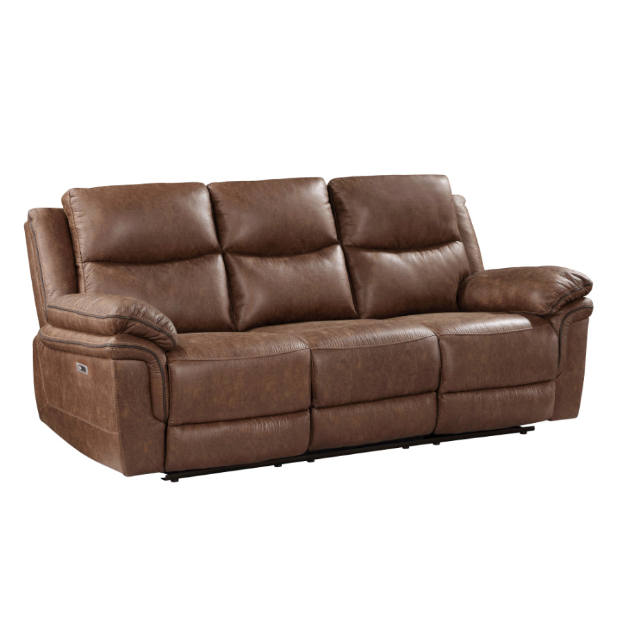 Ryland-PW-SL 2 pc Ryland brown leather like fabric sofa and love seat with power motions recliner ends storage cup console
