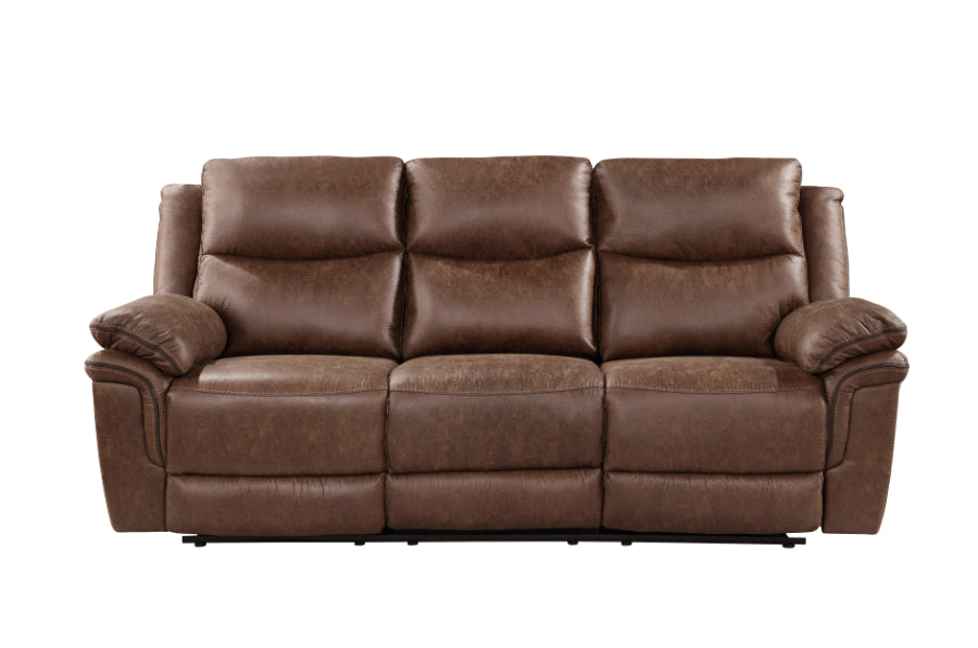 Ryland-PW-SL 2 pc Ryland brown leather like fabric sofa and love seat with power motions recliner ends storage cup console