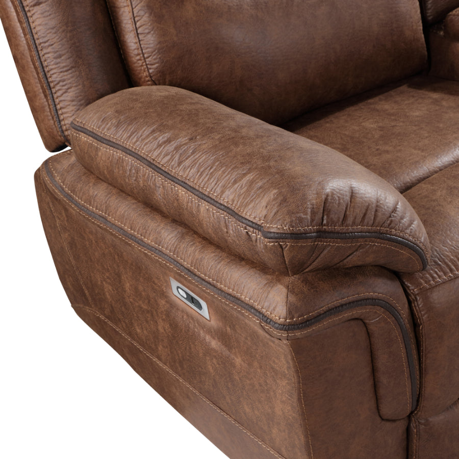 Ryland-PW-SL 2 pc Ryland brown leather like fabric sofa and love seat with power motions recliner ends storage cup console