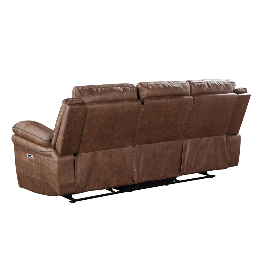 Ryland-PW-SL 2 pc Ryland brown leather like fabric sofa and love seat with power motions recliner ends storage cup console