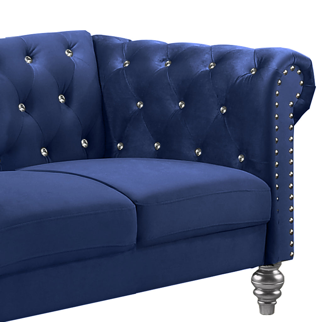 Emma Blue Velvet Crystal Button Tufted Sofa and Love Seat Set with Acrylic Legs & Nailhead Trim – 24-13CB-2PC