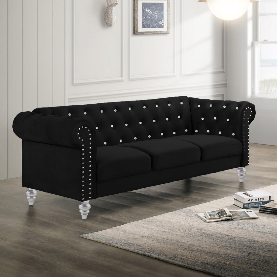24-13CK-2PC 2 pc Emma black velvet fabric crystal button tufted sofa and love seat set acrylic legs nail head trim